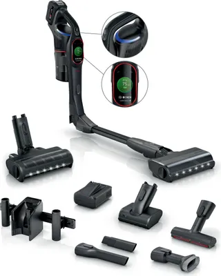 A collection of Bosch vacuum cleaner parts and accessories, including the main unit, various attachments, and batteries, displayed on a white background.