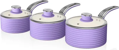 Zdjęcie produktu dla SWAN SWPS3020PURN Retro zestaw 3 rondli 16 18 20cm indukcja, nieprzywierająca, szklana pokrywka fioletowy