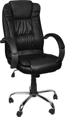 A black office chair is shown against a white background.