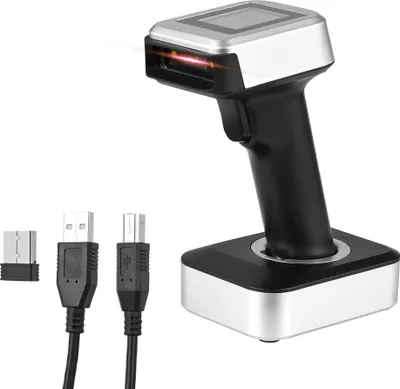 Produktbild von 2D-1D-QR-Barcode-Scanner mit Bildschirmanzeige und Ladestation, 3-in-1 BT und 2,4 GHz, kabellose und kabelgebundene Verbindung, 1,8-Zoll-TFT-Farb-LCD-Bildschirm, kompatibel mit Windows, Android, Linux, Mac fuer Supermarkt, Einzelhandel, Bibliothek, Logistik, Lager