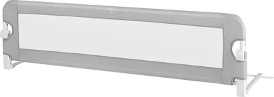A product shot of a gray and white bed rail on a white background.