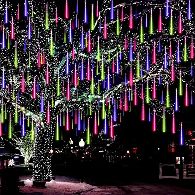Produktbild von Lichterkette Außen LED Meteorschauer Lichterregen Schneefall Lichter Wasserdicht Weihnachten Beleuchtung für Hochzeit Party Garten Baum Dekoration 30CM 8Tubes Bunt
