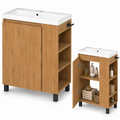 Produktbild von Waschbeckenunterschrank SEVA57 Links/Rechts Badmöbel Set Gästebad Toilette Mineralguss Badunterschrank Stehend/Hängend mit Toilettenpapierhalter, KI-generiertes Bild