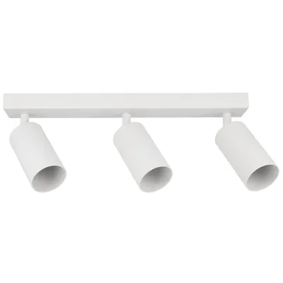 A white three-light ceiling spotlight fixture on a white background.
