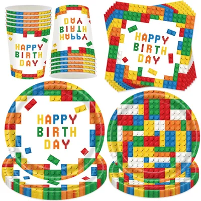Image de Ensemble de vaisselle en carton pour fêtes d'anniversaire - 50 pièces, comprenant des assiettes, des gobelets et des serviettes - idéal pour les fêtes d'anniversaire et les fêtes à thème pour enfants