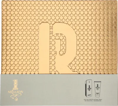 A gift set box for Paco Rabanne 1 Million fragrance, featuring a textured gold lid with large embossed letters and a gray base with product illustrations.