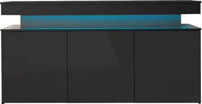 A modern, dark gray sideboard with three doors and integrated blue LED lighting.