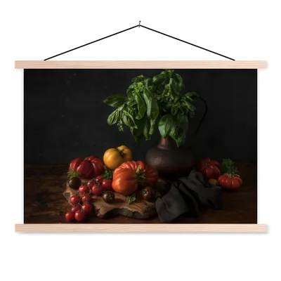 Produktbild von MuchoWow® Textilposter Stilleben - Tomaten - Basilikum - Gemälde - Gemüse - Schwarz 60x40 cm mit holzfarbenen Rahmen - Bilder