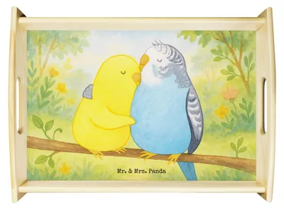 Produktbild von Mr. & Mrs. Panda Holztablett Wellensittich Liebe Design - Weiß - Geschenk, Tablett, Vertrauen, Bett-Tablett, Umarmung, Verknallt, Sofa, Freundin, Serviertablett, aus holz