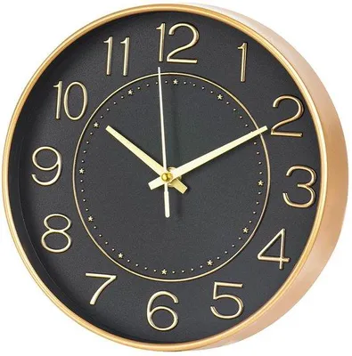 Image de Horloge murale moderne et discrète, 25 cm, noir et or, avec chiffres arabes et trotteuse