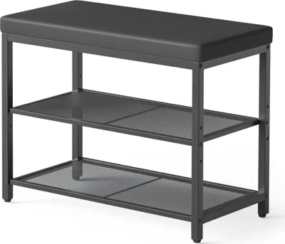 Image de Mondeer Banc à chaussures avec étagères grillagées et assise en similicuir Étagère à chaussures avec rembourrage en mousse et cadre métallique 60*30*50cm Armoire à chaussures