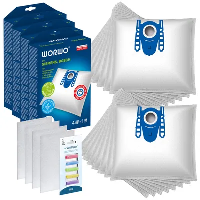 Productafbeelding van Worwo SBMB01K stofzuigzakken, 16 stuks + 4 filters + geursticks – geschikt voor Bosch Siemens type D, E, F, G, H