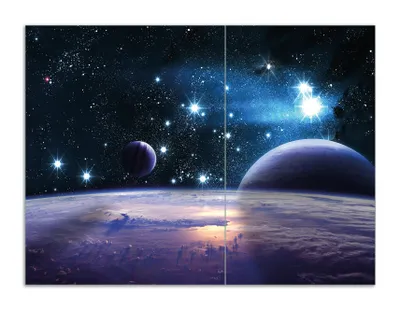 Produktbild von Wallario Herdabdeckplatte aus Glas, Größe 70 x 52 cm 2-teilig, Motiv Planeten im Weltall