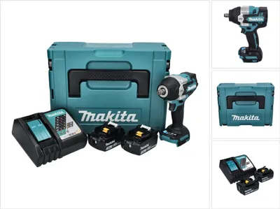 A collage of images showing a Makita impact wrench kit, including the tool, batteries, charger, and case.