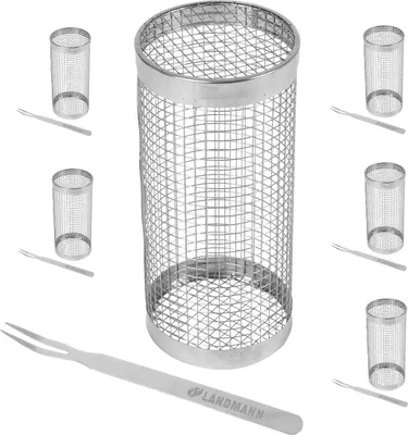 Produktbild von 6x LANDMANN Grillkorb rund mit Gabel aus Edelstahl 20x9cm Grillzubehör Gemüsekorb Camping