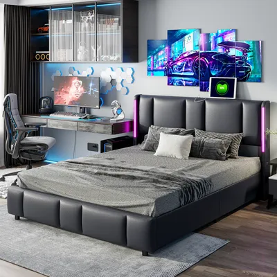 Obrázek produktu pro UnboxG Čalouněná postel 140x200cm s USB, postel pro mladé manželská postel s roštem a úložným prostorem, úložná postel s postelí pro mladé LED, PU, černá