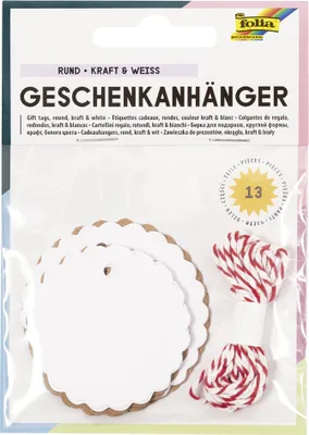 Produktbild von folia Geschenkanhänger rund natur & weiß 12 Stück + 1 Schnur