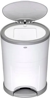 A white diaper pail with a gray rim and pedal is shown with its lid open.