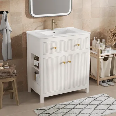 Image de Meuble sous-vasque Flieks avec vasque en céramique, meuble sous-vasque à fermeture en douceur, vasque 81 x 46,5 x 86,5 cm, blanc