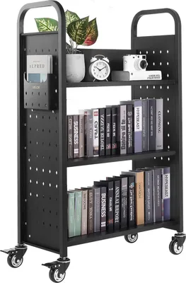 Produktbild von VEVOR Bücherwagen, 150 kg Tragkraft, Bibliothekswagen, 77 x 38 x 122 cm, einseitiges L-förmiges Bücherregal mit Doppelbremsrollen, Bücherregalwagen für Wohnzimmer, Büro, Schule, Schwarz