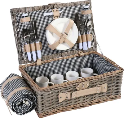 Produktbild von Picknickkorb-Set HWC-B24 für 4 Personen, Weiden-Korb, Porzellan Edelstahl  schwarz-weiß
