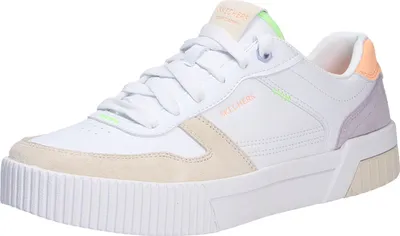 A single white sneaker with beige, purple, and orange accents is shown against a white background.
