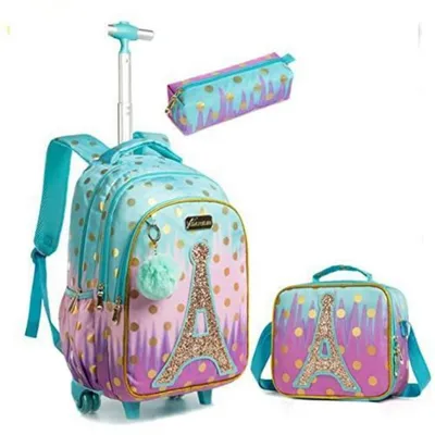 Produktbild von Schulranzen mit Rollen für Mädchen, Kinderrucksack Trolley, 2-teiliges Set, L32xB18xH43cm