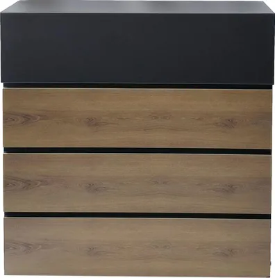 A front view of a mailbox with a wood-grain finish and a black top section.