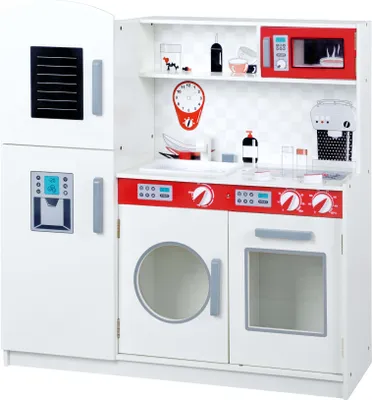 Produktbild von roba Spielküche, Kinderküche, weiß, rot, Kühlschrank, Tafel, Herd, Mikrowelle, Spüle, Wasserhahn
