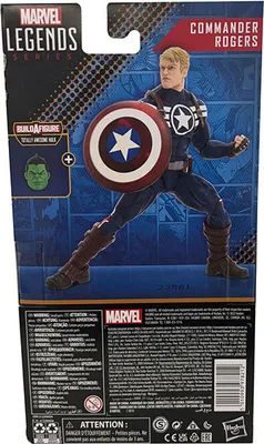 The back of a Marvel Legends Commander Rogers action figure packaging, showing the figure and details about the 'Build-a-Figure' component.