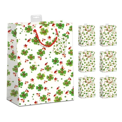 Produktbild von PremiumLine Geschenktaschen 6 Stück edle Geschenktüten Papier Tragetasche DIN A4 Geschenkbeutel mit farbiger Kordel und Namenskarte Skorpion Papeterie (Motiv: Kleeblatt, Größe: Large 26x32x12cm)