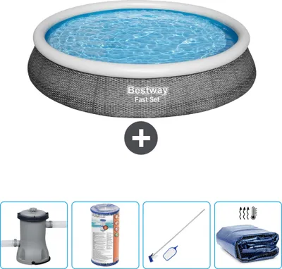 Produktbild von Bestway runder aufblasbarer Fast-Set-Pool – Rattan-Druck – 396 x 84 cm – inklusive Pumpe Filter - Reinigungskit - Sonnensegel