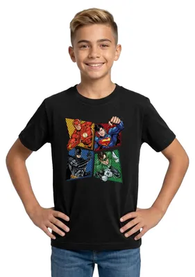 Produktbild von Spreadshirt DC Comics Justice League Superhelden Teenager T-Shirt, 134/146 (9-11 Jahre), Schwarz