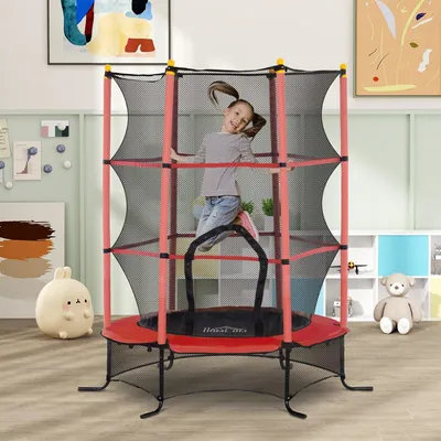 Zdjęcie produktu dla Trampolina dla dzieci z siatką ochronną | Kolor: czerwony | Wymiary: 163x163x190 cm