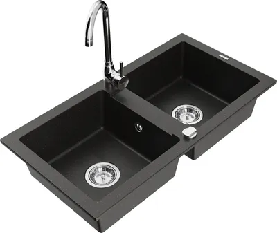 Produktbild von Mexen Mario 2-Becken-Granitspüle mit Mischbatterie Telma, Schwarz/Gold - 6504-75-670200-00