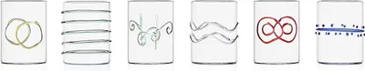 Six glasses with different geometric patterns.