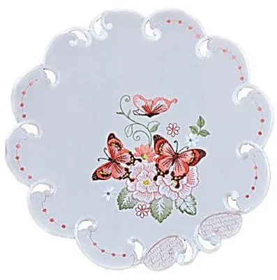 Runde Tischdecke 40 cm, bestickt mit Schmetterlingen, rot, Polyester