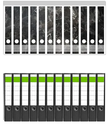 Produktbild von Wallario 12 Stück schmale Ordner inkl. Klebeetiketten mit Motive Schwarze Marmor-Optik - Set mit Rückenschildern / Ordnerrücken Stickern