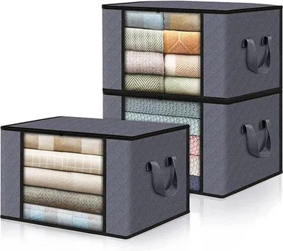 Obrázok produktu pre Sivé úložné boxy s objemom 90 litrov, 3-dielna sada, na posteľnú bielizeň a oblečenie
