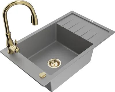 Produktbild von Mexen Elias 1 Becken-Granitspüle mit Abtropffläche und Mischbatterie Savita, Grau - 6511-71-672601-50