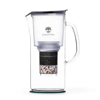 A water filter pitcher on a white background.