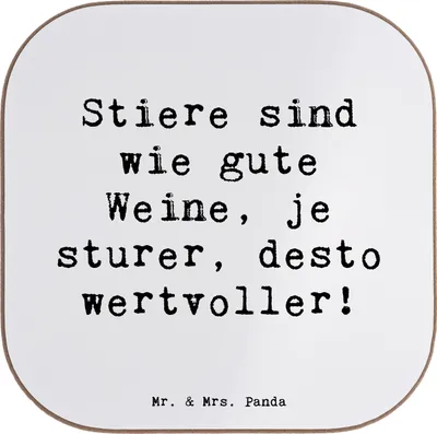 Produktbild von Mr. & Mrs. Panda Untersetzer für Gläser Spruch Sturer Stier - Weiß - Geschenk, Tierkreiszeichen, Geschenke Astrologie, Tischuntersetzer, Humor, Horoskop, Geduld, Tassen