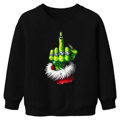 Productafbeelding van Grinch, middelvinger, kerst, brutaal, cadeau, glitter, uni, kinder sweatshirt, zwart, maat 152