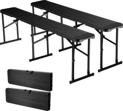 Image de Banc pliant/banc de bière - Set de 2 pièces 182 cm - Pliable - Portable - Assise HDPE - Capacité 150 kg par siège - Avec 2 sacs de transport - Noir