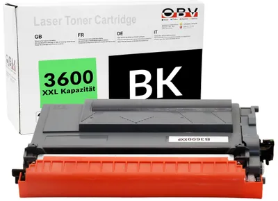 A black laser toner cartridge with an orange front, placed in front of its packaging box.