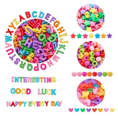 Immagine prodotto di Perline a forma di lettera, grandi, colorate, confezione da 750 pezzi, ideali per la creazione di gioielli. La confezione include 600 perline a forma di lettera e 150 perline a forma di cuore, stella e cerchio