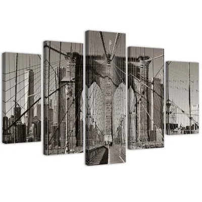 Produktbild von 5-teiliges leinwandbild brooklyn bridge schwarz und weiß 150x100 cm Feeby grau wandbild bereit zum aufhängen
