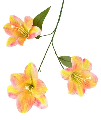 Produktbild von Künstliche Lilienblüte, 3 Köpfe, voll erblüht, künstlicher Lilienzweig mit Blättern, realistische Haptik, künstliche Lilienblüte für DIY-Hochzeitssträuße und Blumenarrangements
