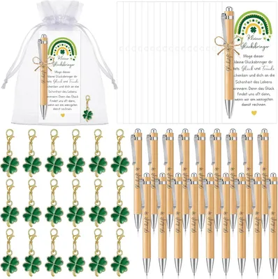 Productafbeelding van Geluksbrengers voor collega's - Set van 18 - Inclusief 18 balpennen - 18 sleutelhangers - Klaverblad - 18 kaarten
