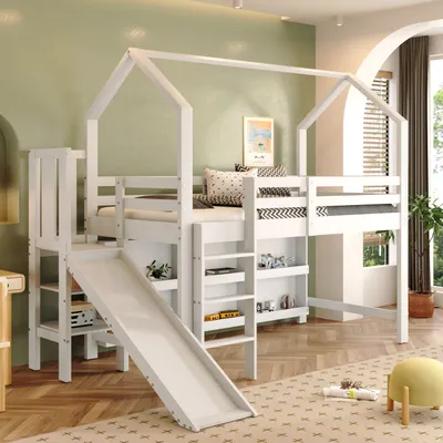 Produktbild von okwish Hochbett 90x200cm mit Rutsche & Treppen & Schließfach & Regal, Kinderbett Einzelbett mit Rausfallschutz, Massivholzbett Jugendbett Bettgestell, Weiß